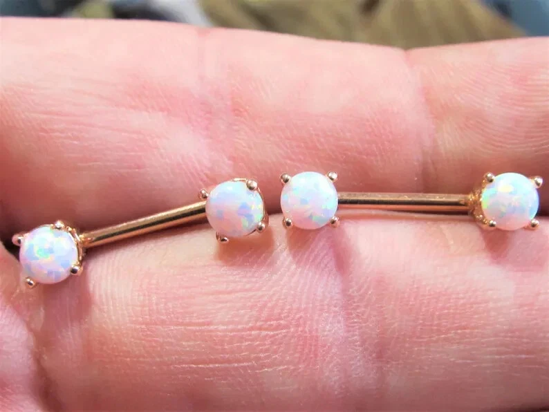 14k Rose Gold Plated Simulated Opal Nipple Piercing Barbels Set - Image 4 of 4