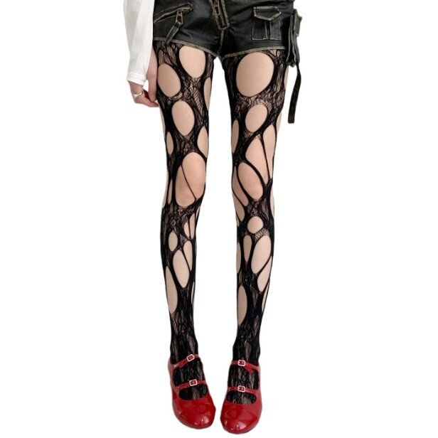 Women's Ripped Fishnet Tights - Gothic Punk Perforated Stockings, Y2K Ragged Pantyhose For Halloween & Cosplay