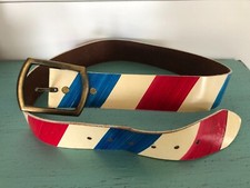 Men's Vintage Leather Belt 36 Red White Blue Stripe Patriotic 76 Brass Buckle