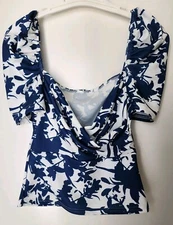 SHEIN Blue & White Short Puff Sleeve Floral Print Peplum Blouse Womens Medium