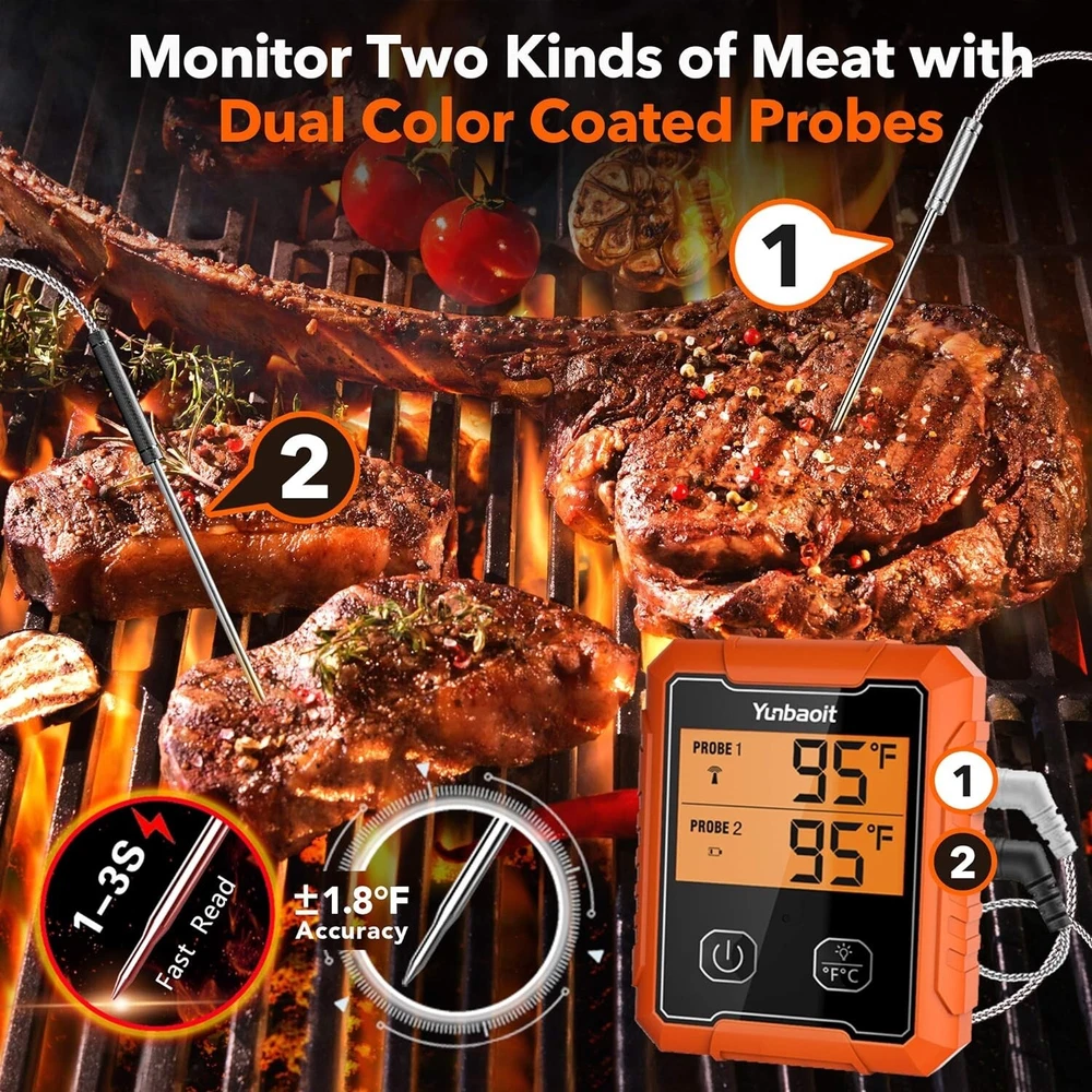 Digital Meat Thermometer - Wireless, Remote Range of 500FT, Dual Probes