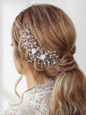 Bride Wedding Hair Vine Silver Flower Leaf Bridal Hair Accessories Beaded Hai...