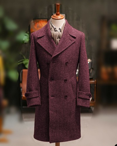 Men's Herringbone Long Overcoat Double Breasted Jacket Formal Wedding Party Wear - Picture 13 of 17