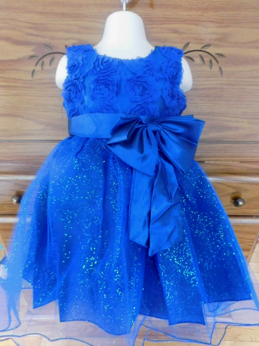 Cute Girl Royal Blue Sleeveless Round Neck Rose Buds Glitter Polyester Dress 3T