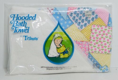 Vintage Triboro Hooded Bath Towel White with Patterned Hood NIP New In Package - Afbeelding 1 van 2