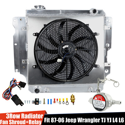 3 Row Aluminum Radiator+Fan Shroud Relay For Jeep 1987-2006 Wrangler TJ YJ L4 L6