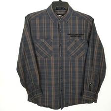 VTG Harley-Davidson Men Spell Out Plaid L/S Button Up Shirt Sz M Brown Mechanic