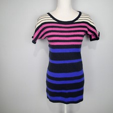 Ann Taylor Loft Stripe Sweater Dress sz s Short Sleeve Blue Black Pink wool bl