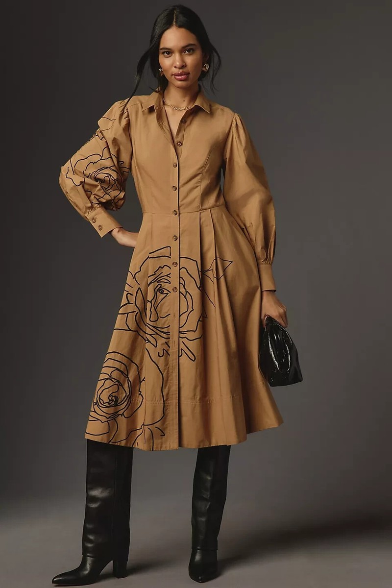NWT By Anthropologie Long-Sleeve A-Line Midi Shirt Dress Size 2 Honey #MD431