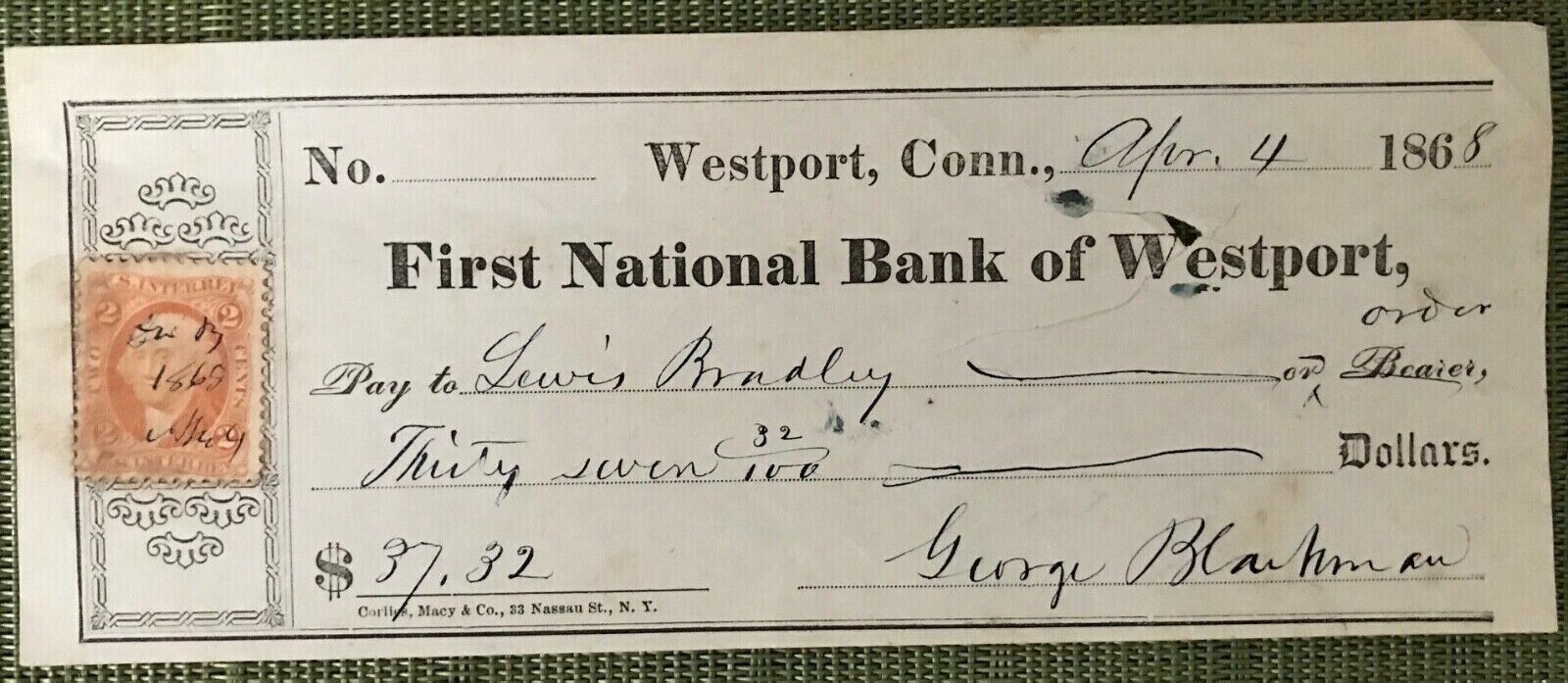 First National Bank of Westport Conn., apr 4 1868 Carlies,Macy&Co NY
