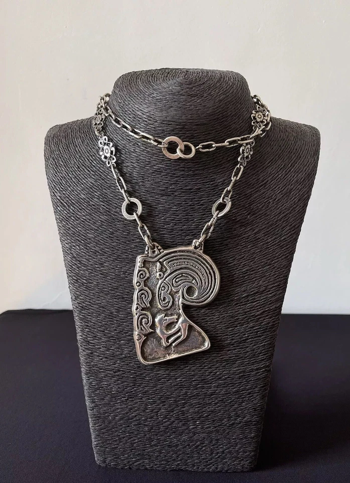 Collar colgante grande vintage abstracto modernista plateado 102 g M buffet Foto 2 de 4