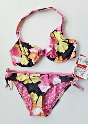 Esprit Women's S  2 Pc Bikini Swimsuit Pink Black Floral Bandeau Boy Brief NWT