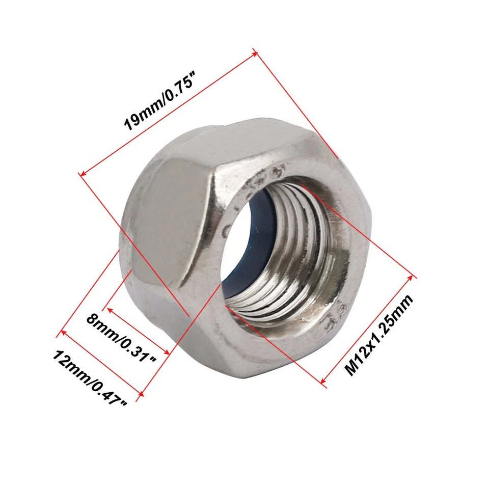 4pcs M12 x 1.25mm Pitch Metric Fine Thread 304 Stainless Steel Hex Lock Nuts - Bild 2 von 4