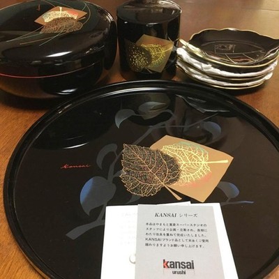 Kansai Urushi Yamato Lacquerware Set Tray, Confectionery Bowl, Tea Cup