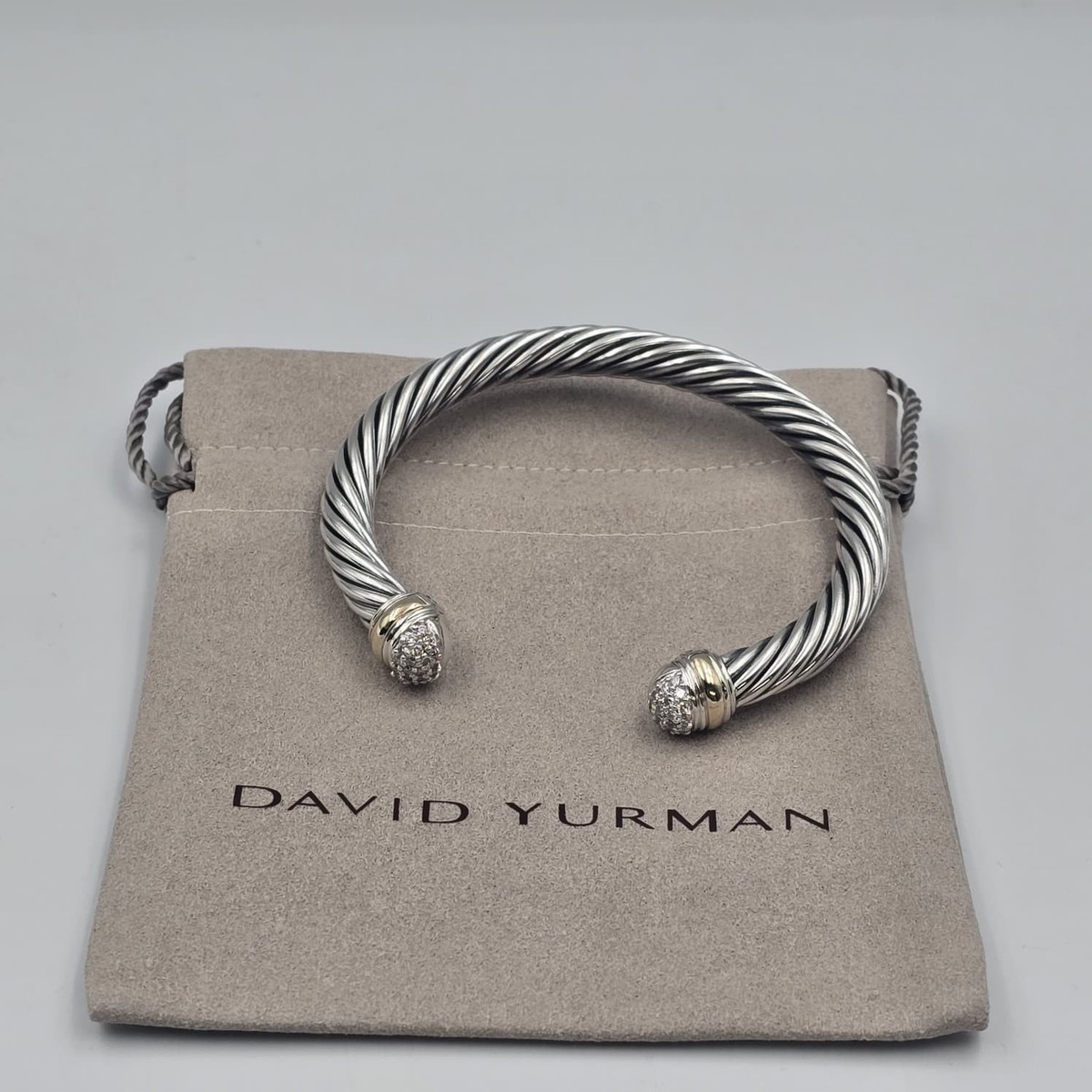David Sterling Silver 7mm Cable Cuff Diamond Tips & 18k Gold Bracelet View 3