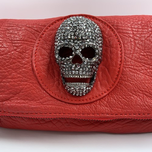 Thomas Wylde Diamante Skull Red Leather Fold Over Clutch Zipper Closure - Picture 2 of 12
