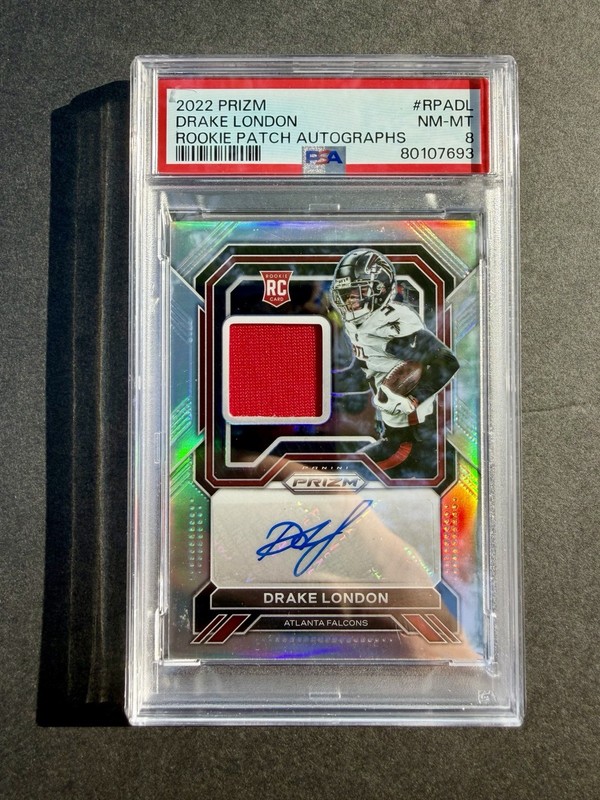 2022 Panini Prizm Drake London RC Auto Patch RPA Silver /99 PSA 8 Falcons RPA-DL