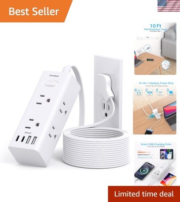 Versatile 10Ft Power Strip with 6 AC Outlets & 4 USB Ports - Space Saving Design