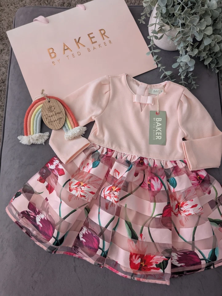 New Ted Baker Baby Girls Pleated Roses Pink Occasion Dress Floaty 18-24m Gift - Image 2 of 4