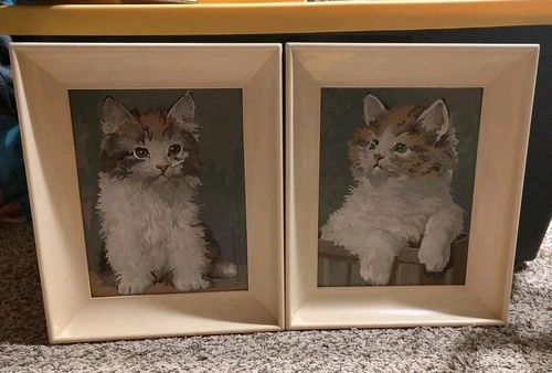 Set Of 2 1950s Watercolor Kitten Paintings With Frames