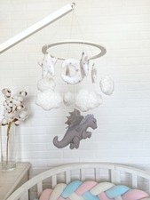 Dragon Baby Mobile, Gray Dragon Nursery Decor, Baby Shower Gift, Boucle Clouds