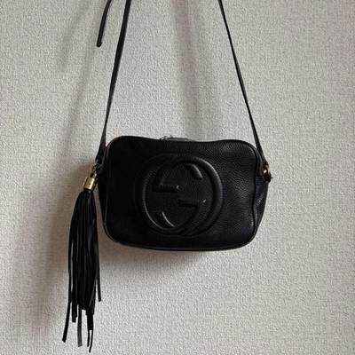 GUCCI Soho Disco Bag Black Pebbled Leather Crossbody Shoulder Tassel Rare Japan