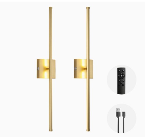28" Gold Battery Operated LED Wall Sconces Set of 2, Wireless Rechargeable