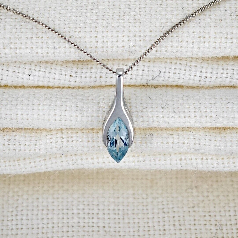 9ct White Gold Aquamarine Necklace Minimalist Marquise Blue Natural Gift - Image 2 of 4