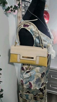 BVLGARI Vintage Leather Shoulder Bag Mustard Yellow Cream Two Tone Made In Italy
