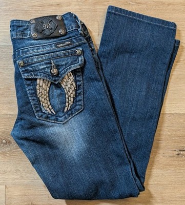 Miss Me Boot Cut Jeans Women's Size 29 Medium Wash Embellished Pocket Distressed