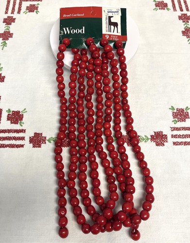 Vintage Velvetouch Red Wood Bead Garland 9 Feet NOS