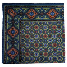Olive Green & Navy Geometric Ancient Madder Silk Pocket Square (Hand-Rolled)