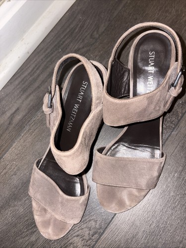STUART WEITZMAN 9M Taupe Fine Suede Leather Sandals High Block Heel SPAIN - Picture 2 of 6