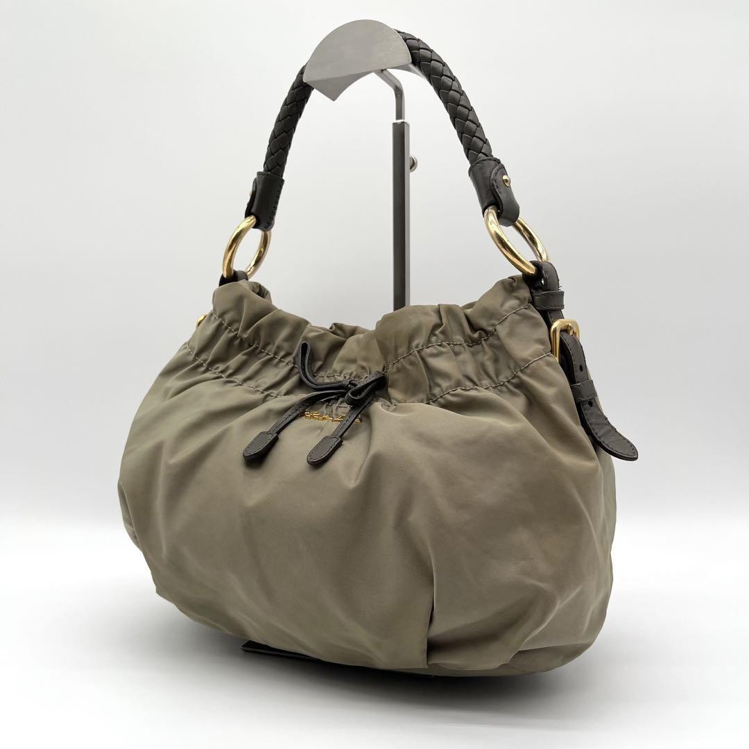 Prada nylon khaki one-shoulder handbag with gathered ribbon and logo