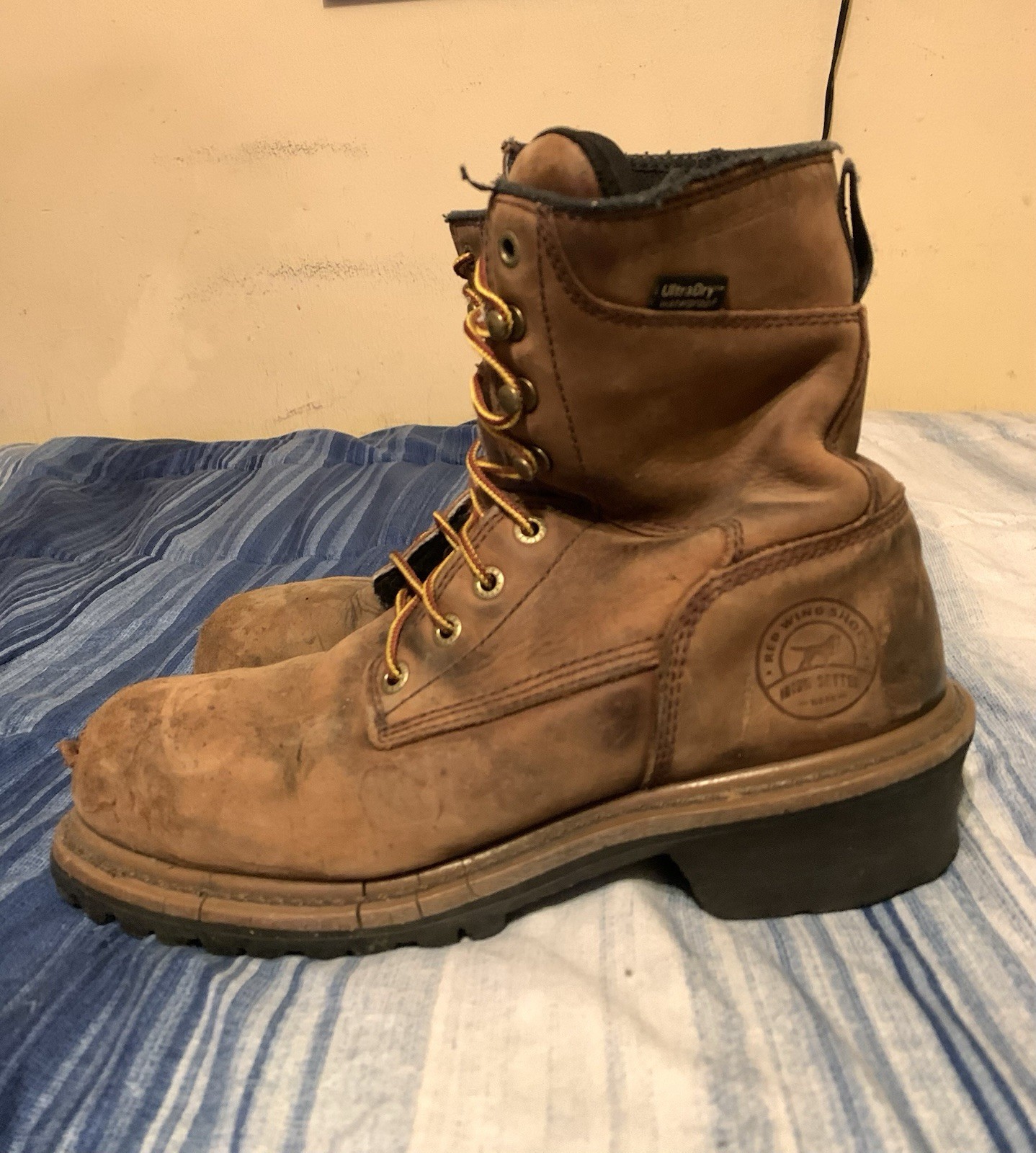 Red Wings Men's Brown Leather Work Boots Round Toe, Lace-Up, Size 7.5