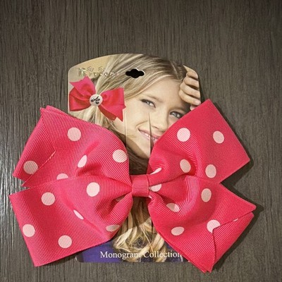 Riviera Girls Pink/White Polka Dot Ribbon Bow Hair Clip Handmade, One Size
