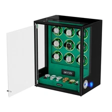 Automatic 9 Watch Winder Fingerprint Entry + 6 Storage Display Box RGB/LED Green