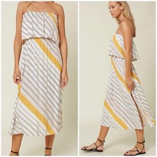 O’Neill Strapless Midi Dress M NWT Cream Yellow Striped Resort Beach