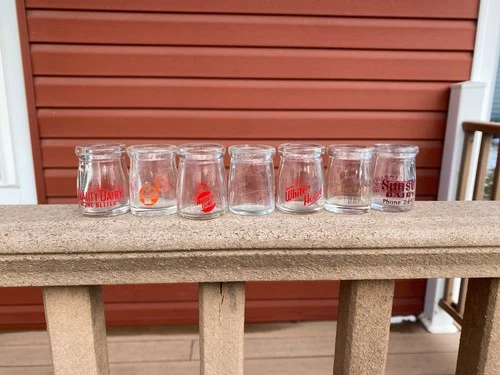 Glass Milk Bottle Creamers LOT OF 7 Glass Thimble Creamers VINTAGE MILK BOTTLES