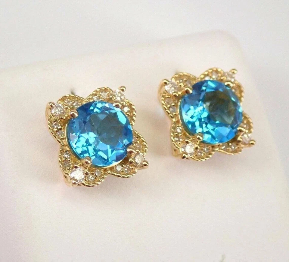 2.50Ct Round Cut Blue Topaz Halo Push Back Stud Earrings 14k Yellow Gold Plated - Image 2 of 4