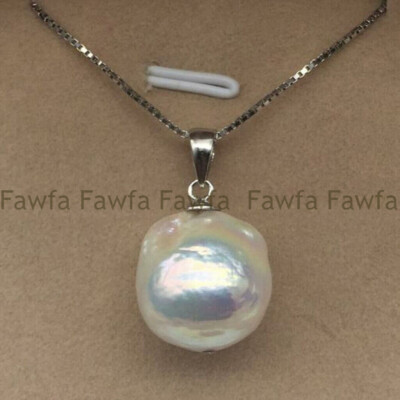 Huge 13-14mm White South Sea Baroque Edison Pearl Pendant 925 Chain Necklace 17''
