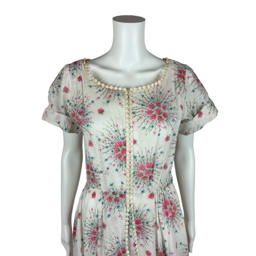 Vintage 50s Floral Dress Women's Small Pink Floral Dotted Swiss Sheer Fit Flare - Picture 3 of 14