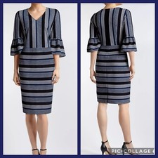 ECI Navy Blue & White Striped Bell Sleeve Career Work Dress 6