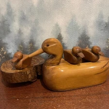 Large Hand Carved Wooden Duck with 3 Ducklings Made In 1956 - Primative Folk Art