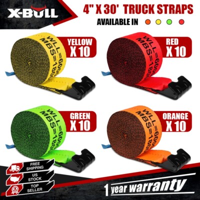 X-BULL 10 Pack 4'' x 30'  Winch Truck Straps w/Flat Hook Towing 18000lbs 4Colors