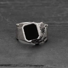 Natural Black Onyx Damage Vintage Ring 925 Sterling Silver Handmade Jewelry