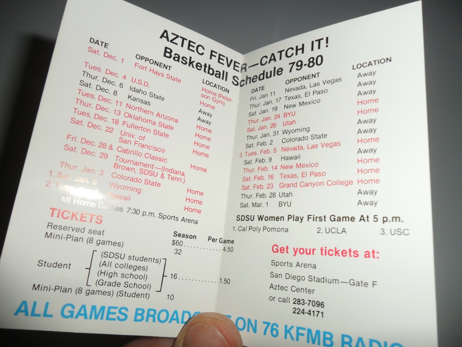 ⚾⚾⚾ 19791980 MINT TONY GWYNN SDSU Aztec Basketball Pocket Schedule