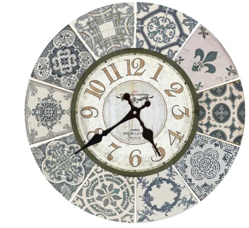 Walplus Wanduhr Holz Vintage Azulejo blau grau rund 30 cm