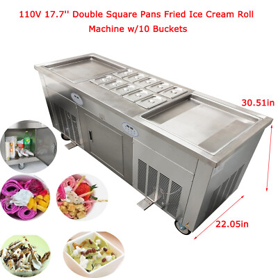110V 17.7'' Double Square Pans Fried Ice Cream Roll Machine w/10 Buckets