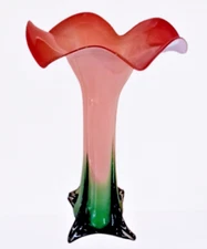 Pier 1 Hand Blown Glass Vase Amaryllis Flower Top Pink Green 15" Murano-ish MCM